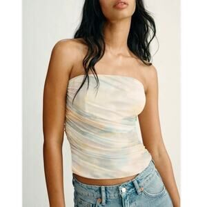 NWOT Blogger Fave Zara Pleated Mesh Strapless Tube Top Pastel Watercolor Print M